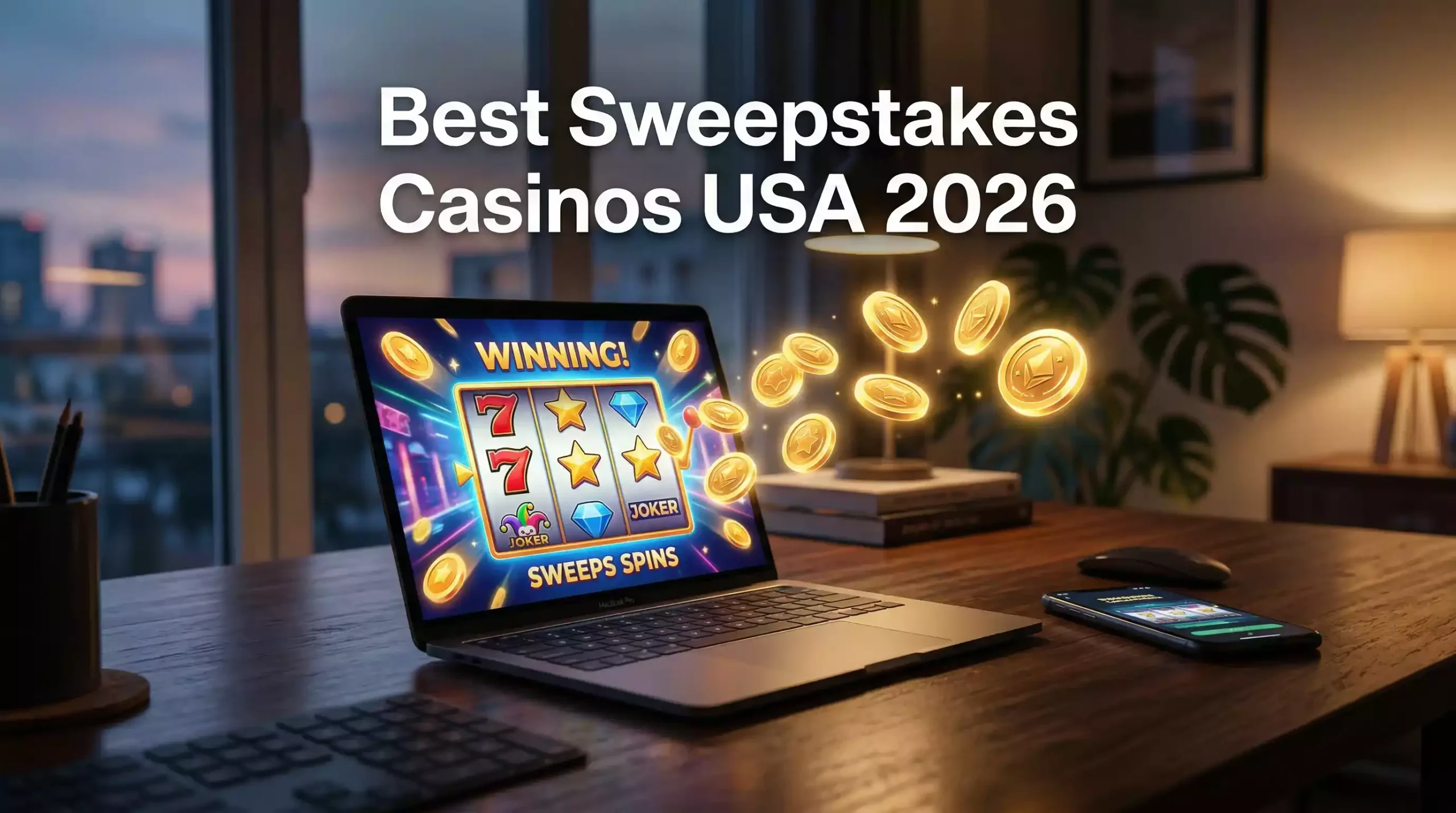 Top US sweepstakes casinos overview with prize coins and slot reels