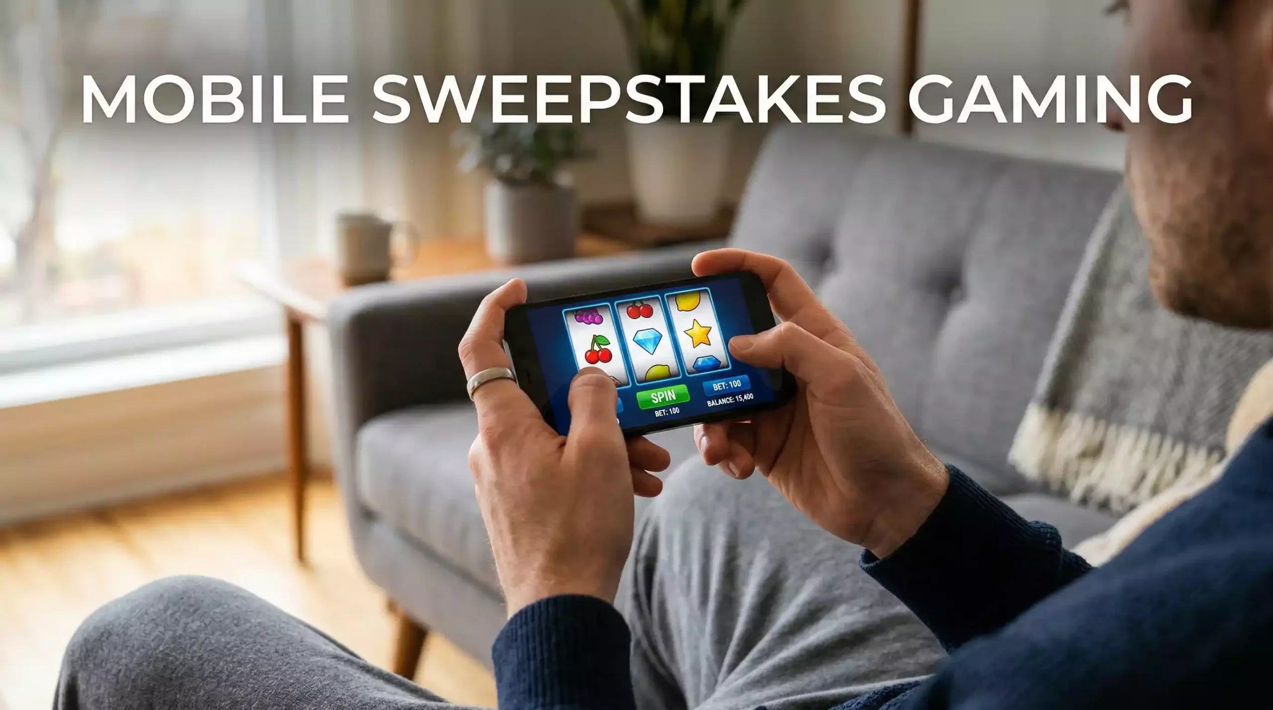 Player using smartphone to access sweepstakes casino games